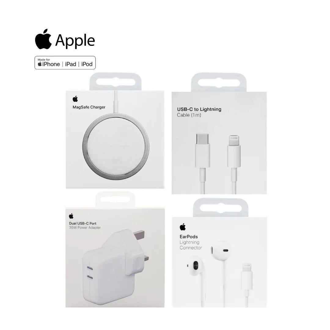 Apple 35W Usb-C Dual Port Power Adapter A2676 + Apple Magsafe Wireless Charger_A2140 + Apple Usb-C To Lightning Cable 1 Meter A2561 + Lightning Connector Earpods A1478 (Multi Value Combo Pack) ( 35W + Mag + C-L + Lhf )
