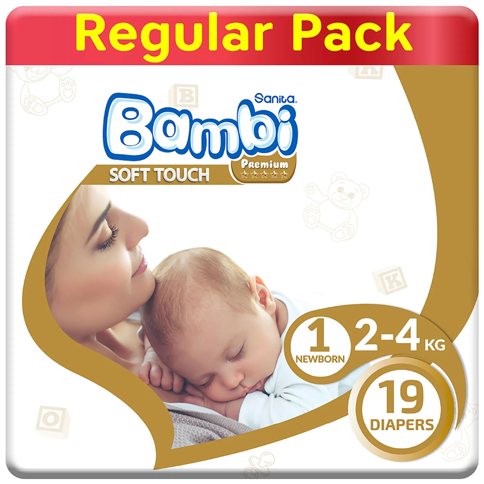 Sanita Bambi Baby Diapers Regular Pack, Size 1, Newborn, 2-4kg, 19 Count