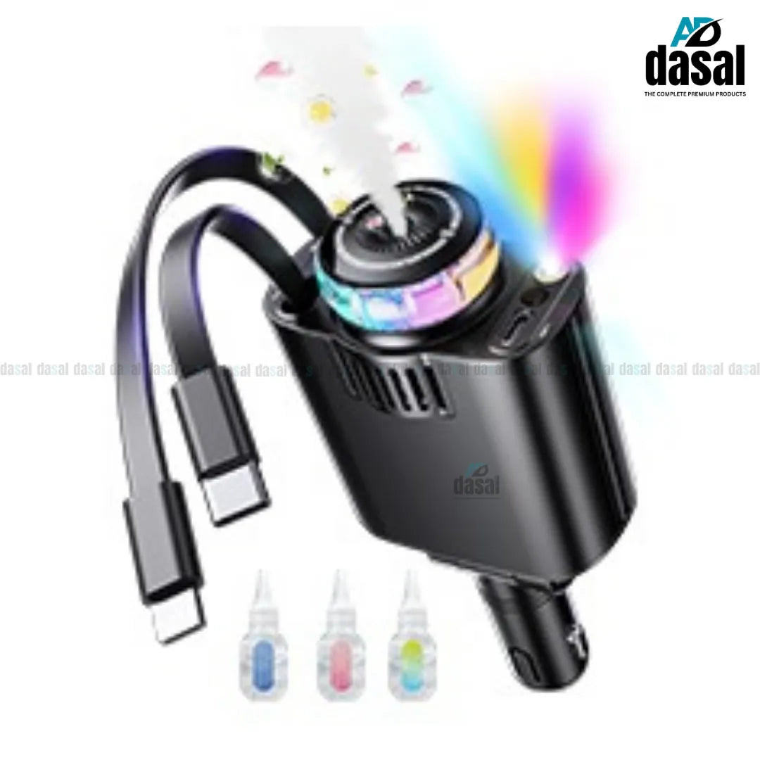 5N1 Car 60W Charger With Air Diffuser (Attached Usb-C + Lightning Iphone Cable)_W&O