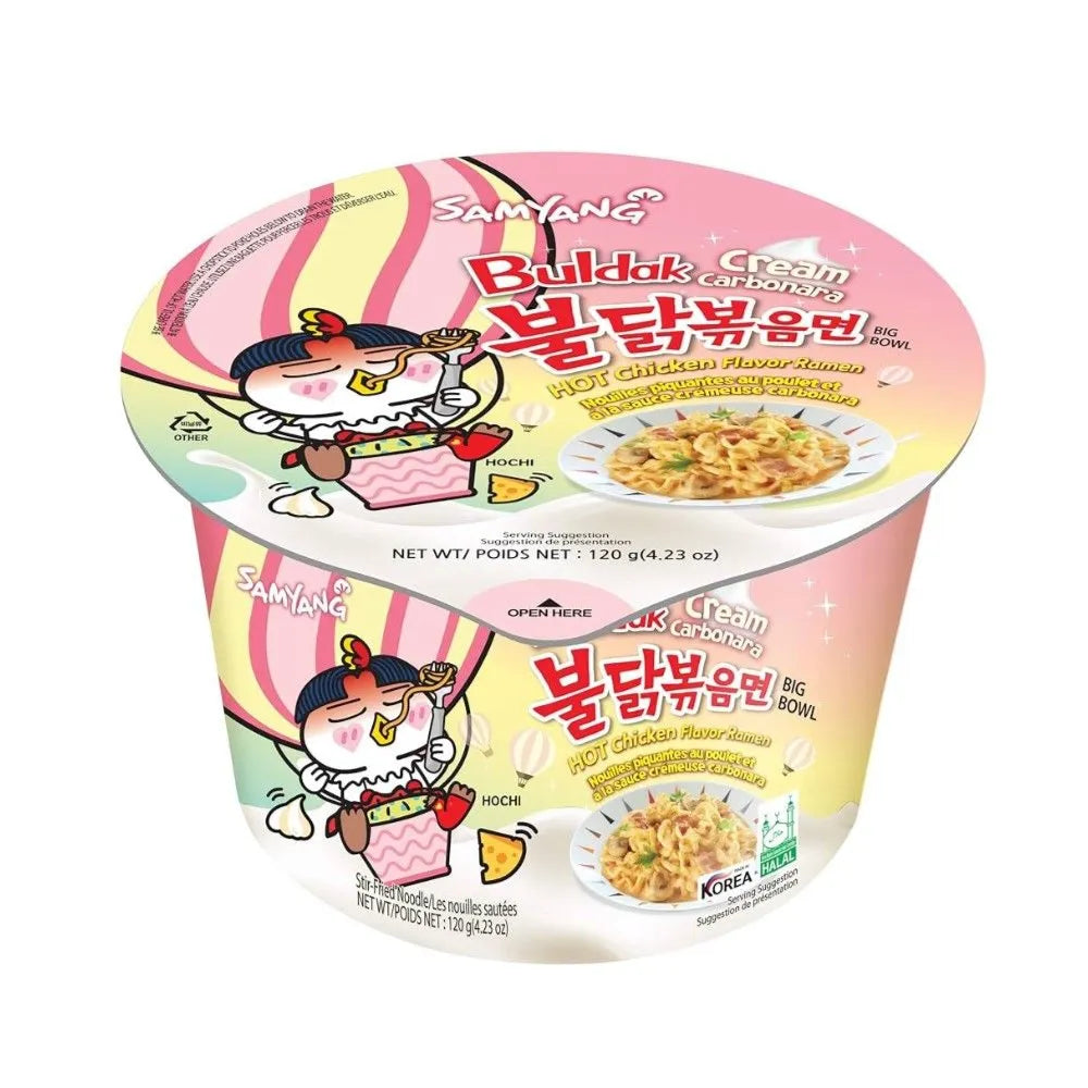 Samyang Buldak Cream Carbonara Hot Chicken Flavor Ramen Stir Fried Noodles Big Bowl, 120g