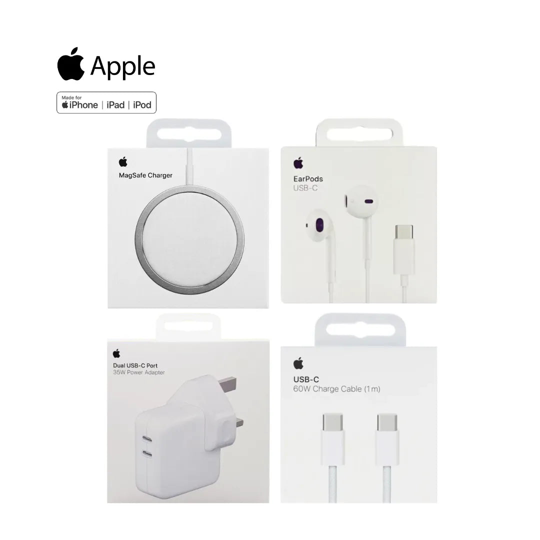 Apple 35W Usb-C Dual Port Power Adapter A2676 + Apple Magsafe Wireless Charger_A2140 + Apple 60W Usb-C To C Charge Nylon Cable 1 Meter_A2795 + Apple Usb-C Earpods A3046 (Multi Value Combo Pack) ( 35W + Mag + C-C + Chf )