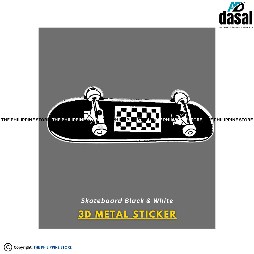 3D Metal Sticker- Skateboard Black & White