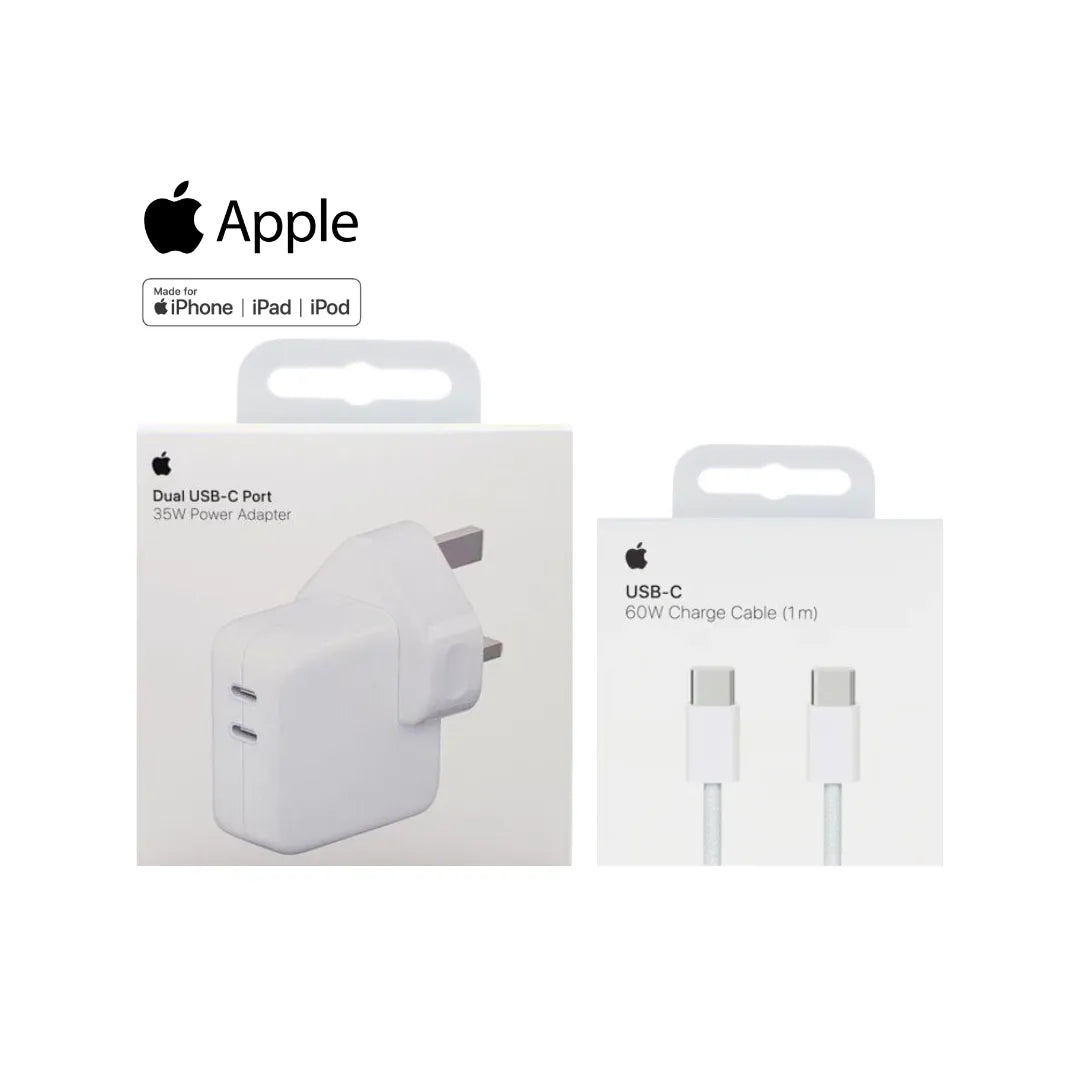 Apple 35W Usb-C Dual Port Power Adapter_A2676 + Apple 60W Usb-C To C Charge Nylon Cable 1 Meter_A2795 (Multi Value Combo Pack) ( 35W + C-C )