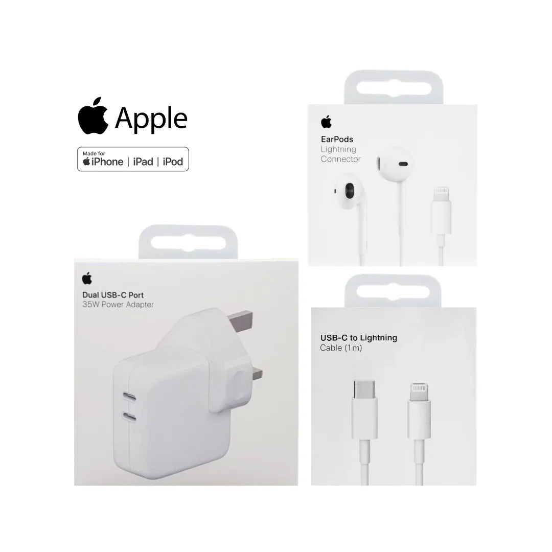 Apple 35W Usb-C Dual Port Adapter A2676 + Apple Usb-C To Lightning Cable 1 Meter A2561 + Lightning Connector Earpods A1478 (Multi Value Combo Pack) ( 35W +C-L + Lhf )