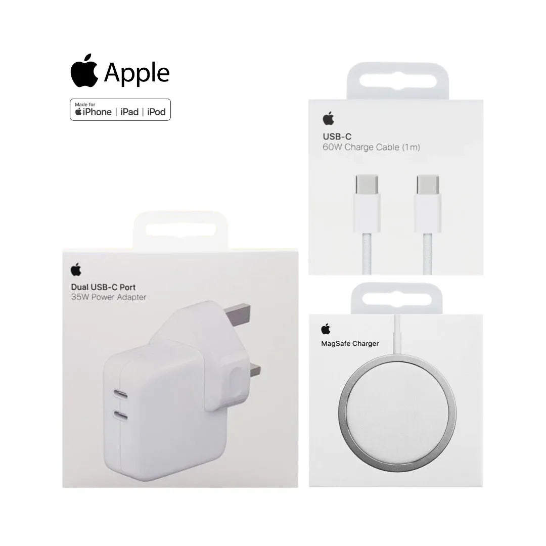 Apple 35W Usb-C Dual Port Power Adapter A2676 + Apple Magsafe Wireless Charger_A2140 + Apple 60W Usb-C To C Charge Nylon Cable 1 Meter_A2795 (Multi Value Combo Pack) ( 35W + Mag + C-C )