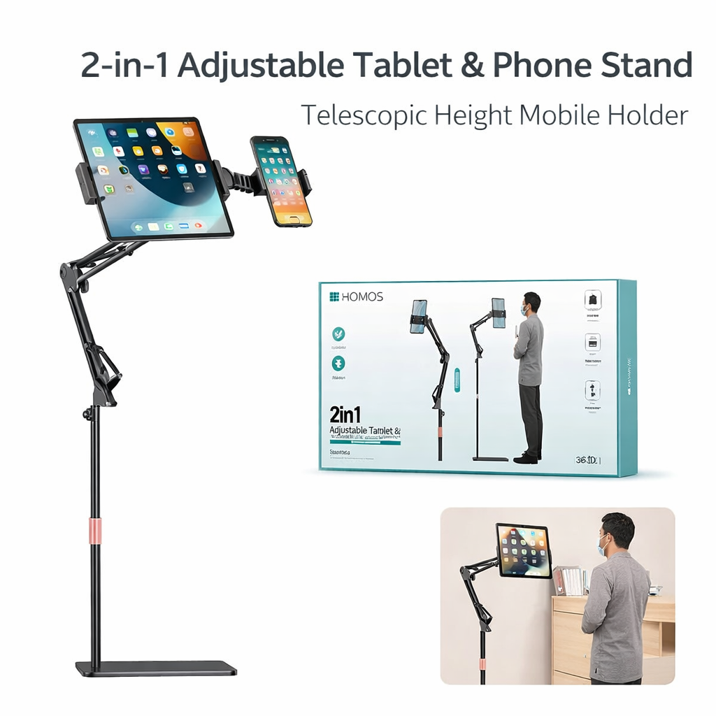2-in-1 Adjustable Tablet & Phone Floor Stand
