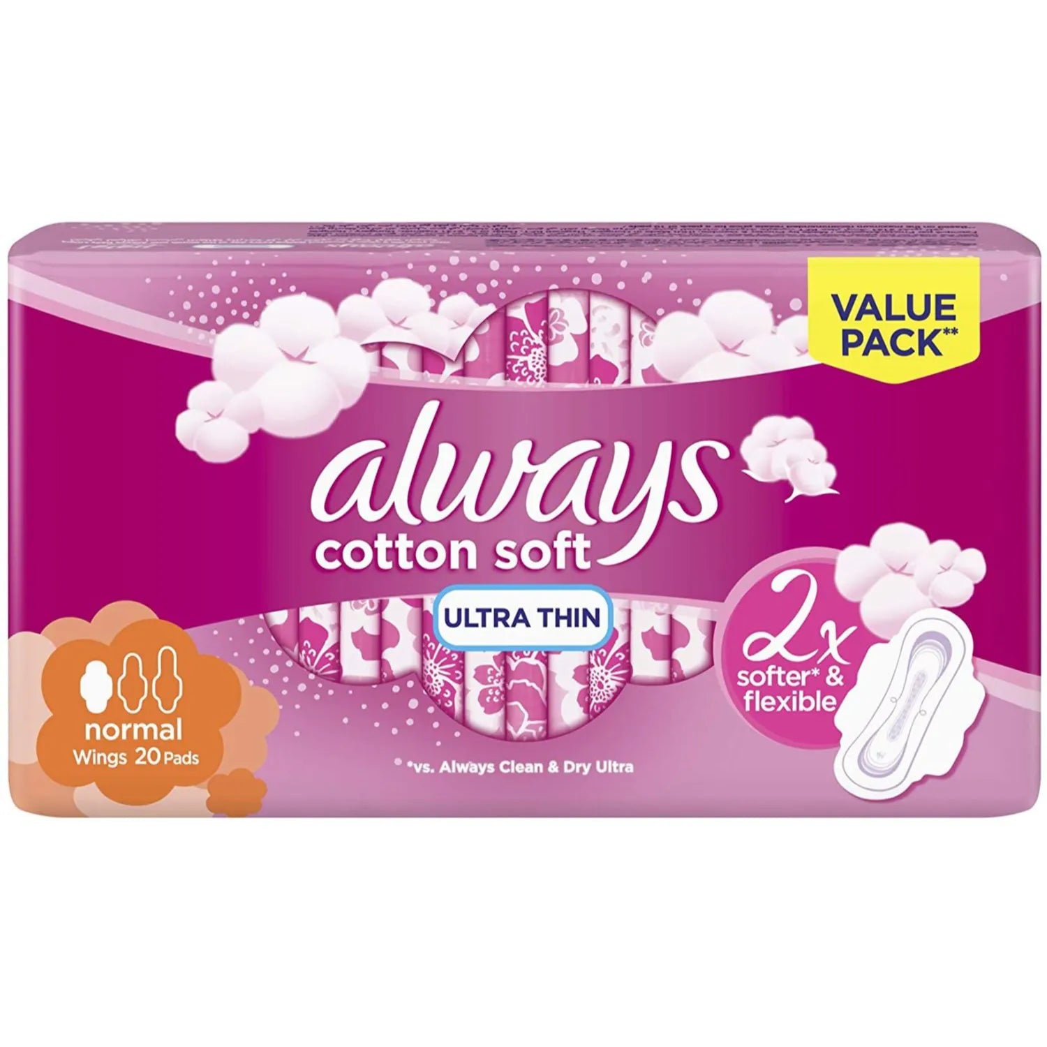Always Ultra Thin Cottony Soft Pads Value Pack, 20 Pieces