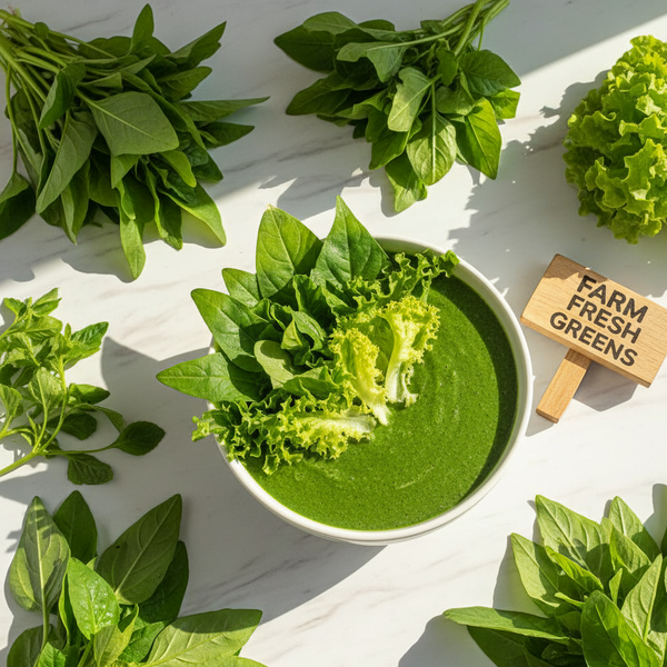 Green smoothie in a bowl with fresh greens on a white surface, featuring a sign that says 'Farm Fresh Greens'.