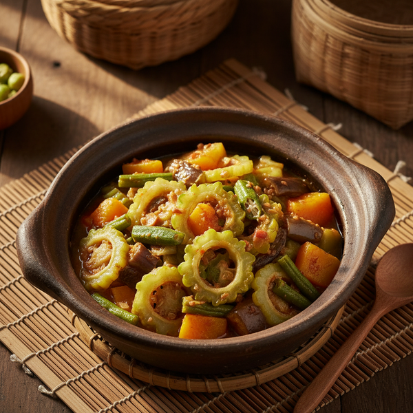 Stir-fry dish with vegetables in a brown ceramic pot on a wooden table.
