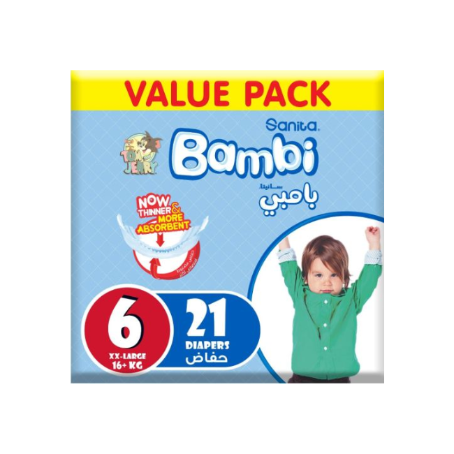 Sanita Bambi Baby Diapers Value Pack, Size 6, XX-Large, 18+kg, 21 Count