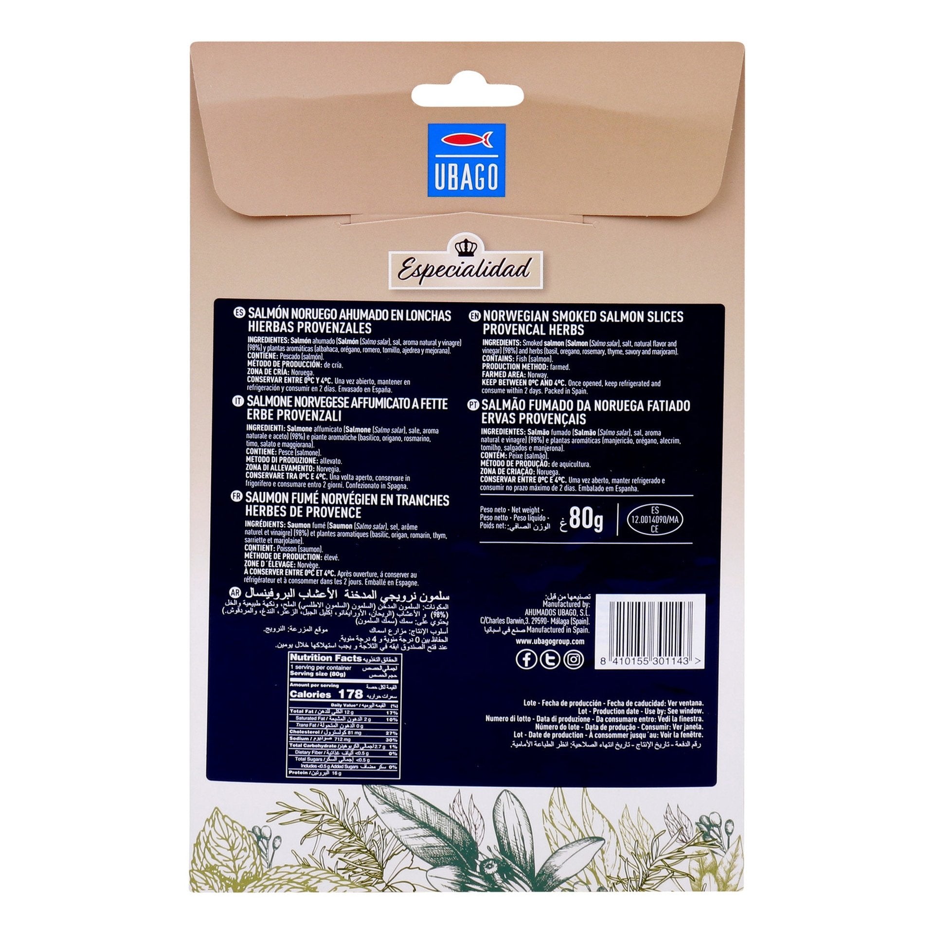 Ubago Norwegian Smoked Salmon Slices With Provencal Herbs 80 g