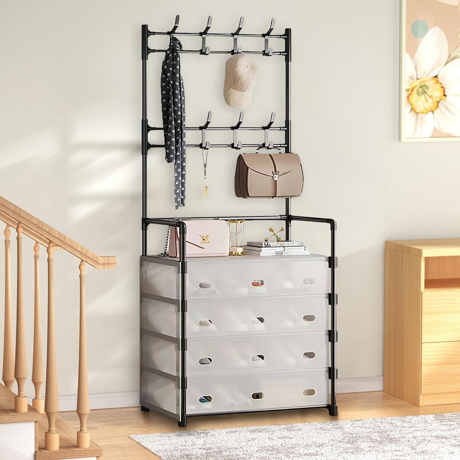 Multi-Hook Storage Rack with 4 Drawers – Space-Saving Organizer