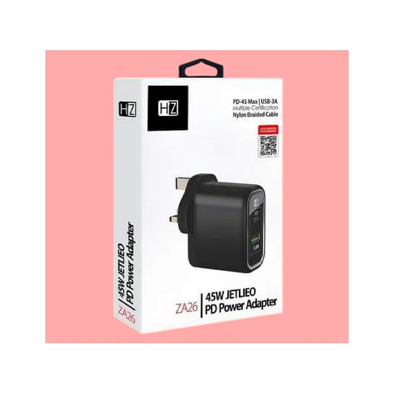 45W Usb-A + C Pd Home Charger With C-C Pd Nylon Cable 1M_Hz Za26-Black