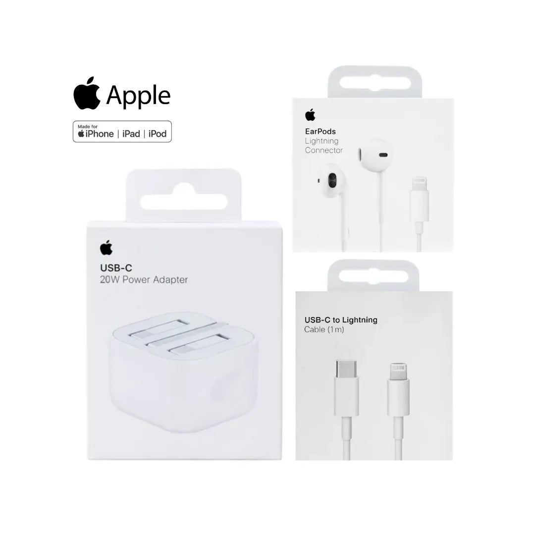 Apple 20W Power Adapter A2344 + Apple Usb-C To Lightning Charge Cable A2561 + Lightning Connector Earpods A1478 (Multi Value Combo Pack) ( 20W + C-L + Lhf )
