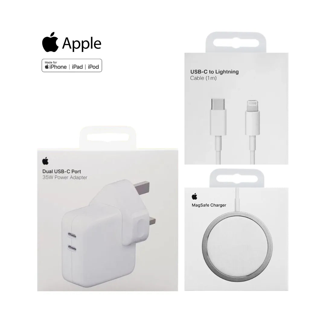 Apple 35W Usb-C Dual Port Power Adapter A2676 + Apple Magsafe Wireless Charger_A2140 + Apple Usb-C To Lightning Cable 1 Meter A2561 (Multi Value Combo Pack) ( 35W + Mag + C-L )