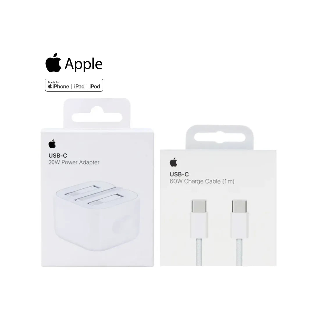 Apple 20W Power Adapter A2344 + Apple 60W Type C To C Nylon Cable 1 Meter A2795 For Iphone 15 Series & Above Models (Multi Value Combo Pack) ( 20W + C-C )
