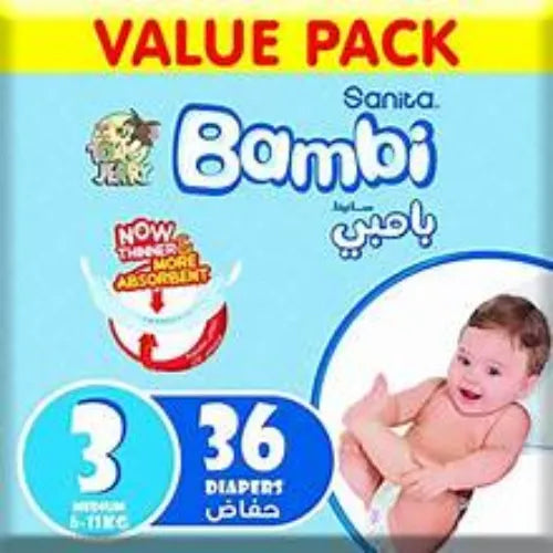 Sanita Bambi Baby Diapers Value Pack, Size 3, Medium, 6-11kg, 36 Count