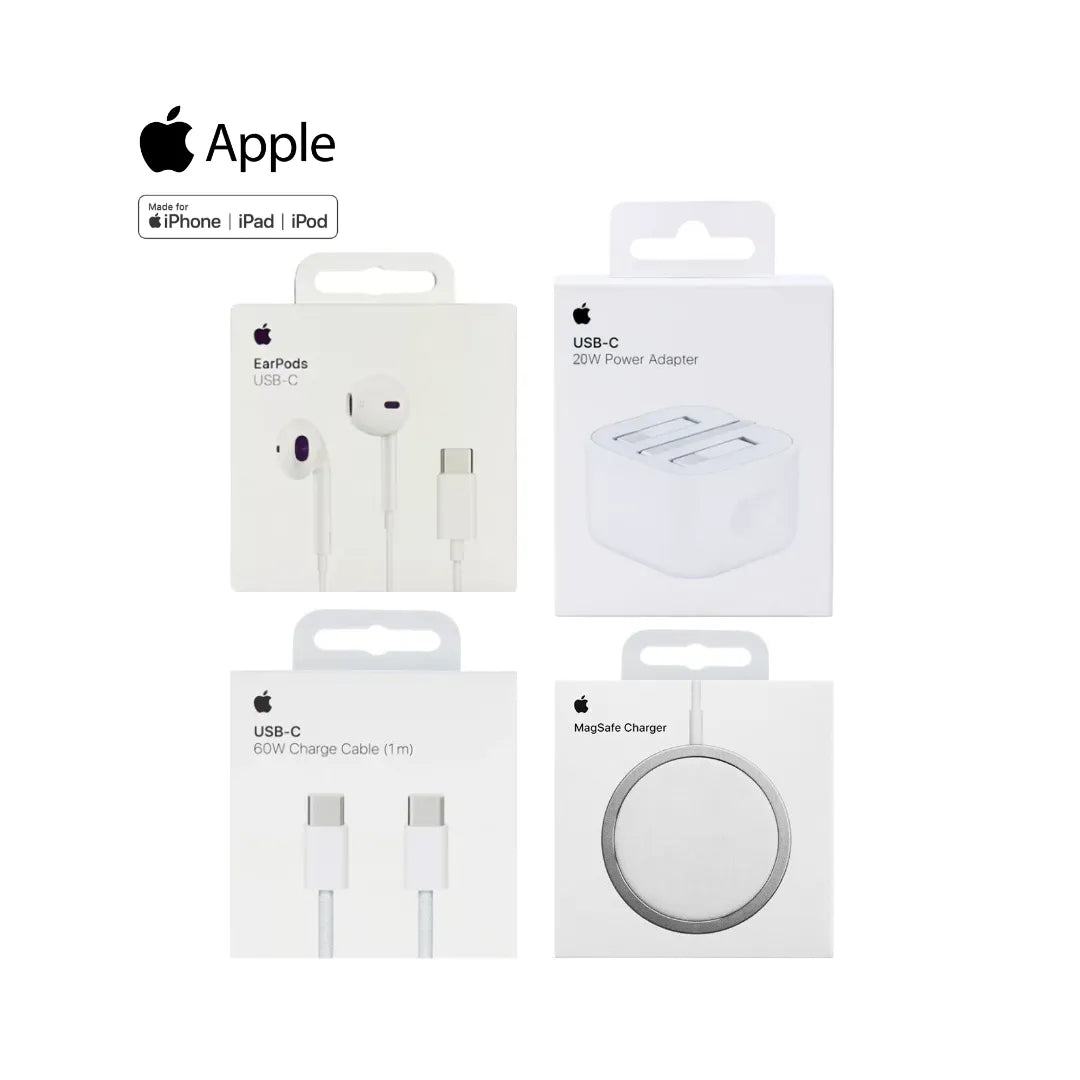 Apple 20W Power Adapter A2344 + Apple Magsafe Wireless Charger_A2140 + Apple 60W Usb-C To C Charge Nylon Cable 1 Meter_A2795 + Apple Usb-C Earpods A3046 (Multi Value Combo Pack) ( 20W + Mag + C-C + Chf )
