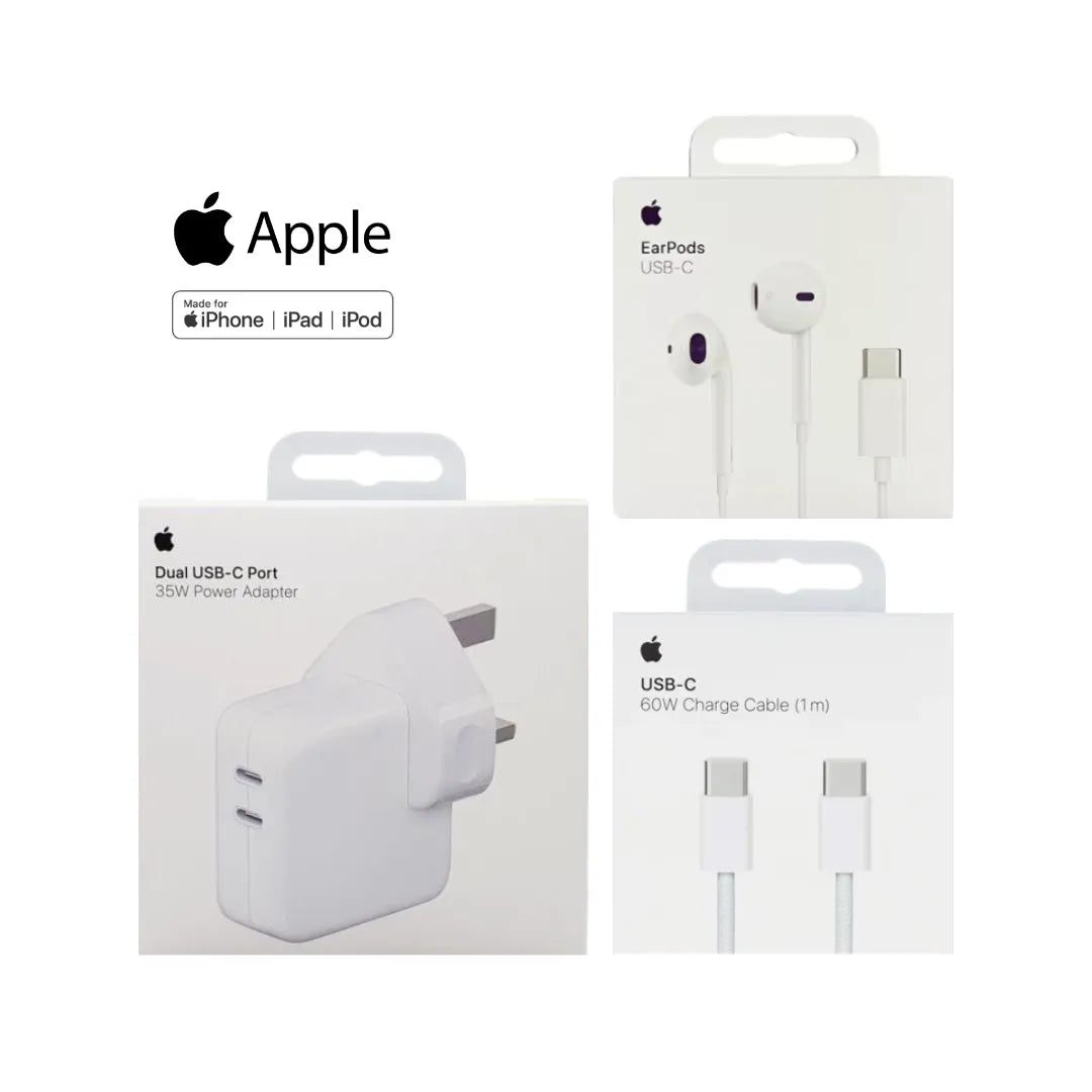 Apple 35W Usb-C Dual Port Power Adapter A2676 + Apple 60W Usb-C To C Charge Nylon Cable 1 Meter_A2795 + Usb-C Earpods A3046 (Multi Value Combo Pack) ( 35W +C-C + Chf )