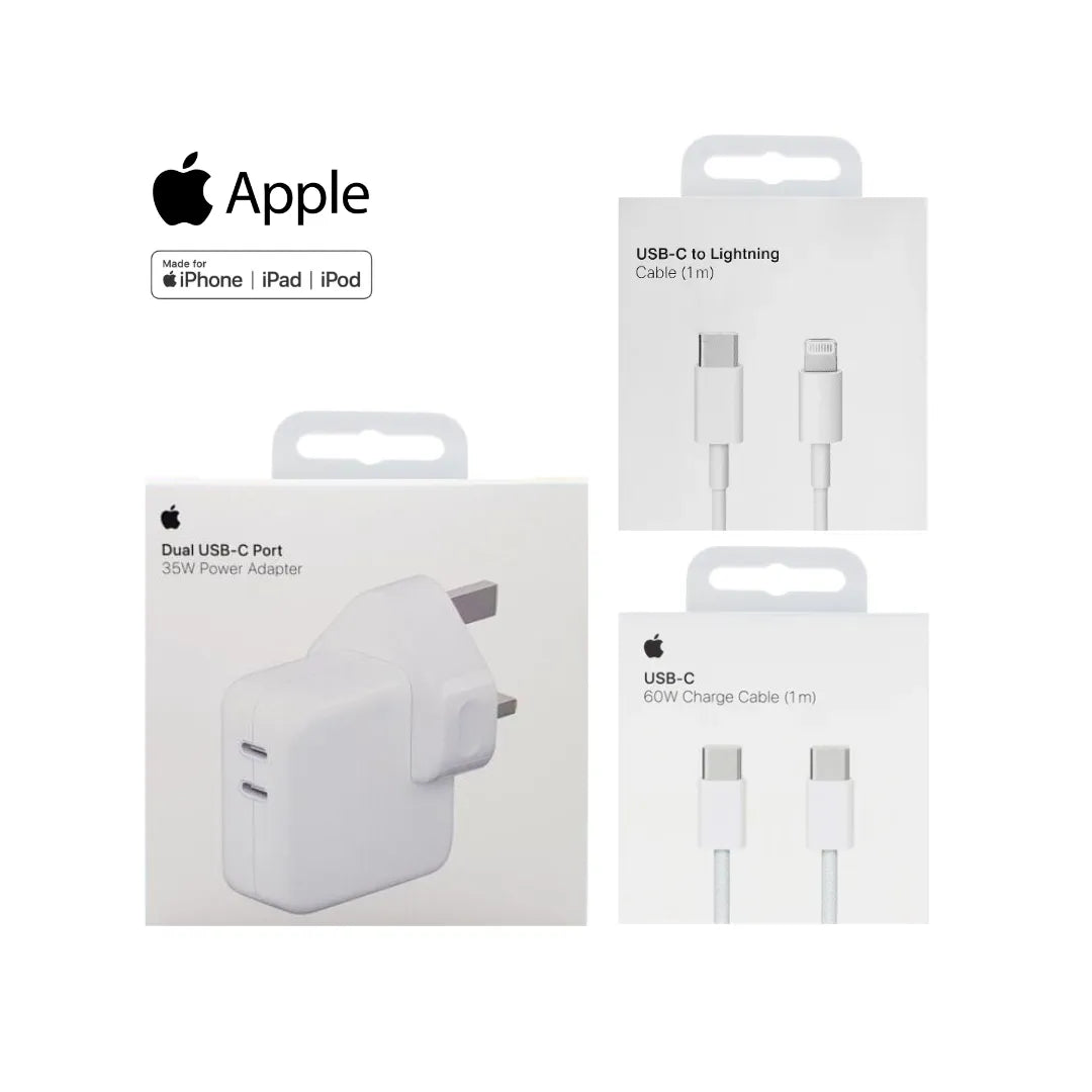 Apple 35W Usb-C Dual Port Power Adapter A2676 + Apple Usb-C To Lightning Cable 1 Meter A2561 + 60W Usb-C To C Charge Nylon Cable 1 Meter A2795 (Multi Value Combo Pack) ( 35W + C-L + C-C )
