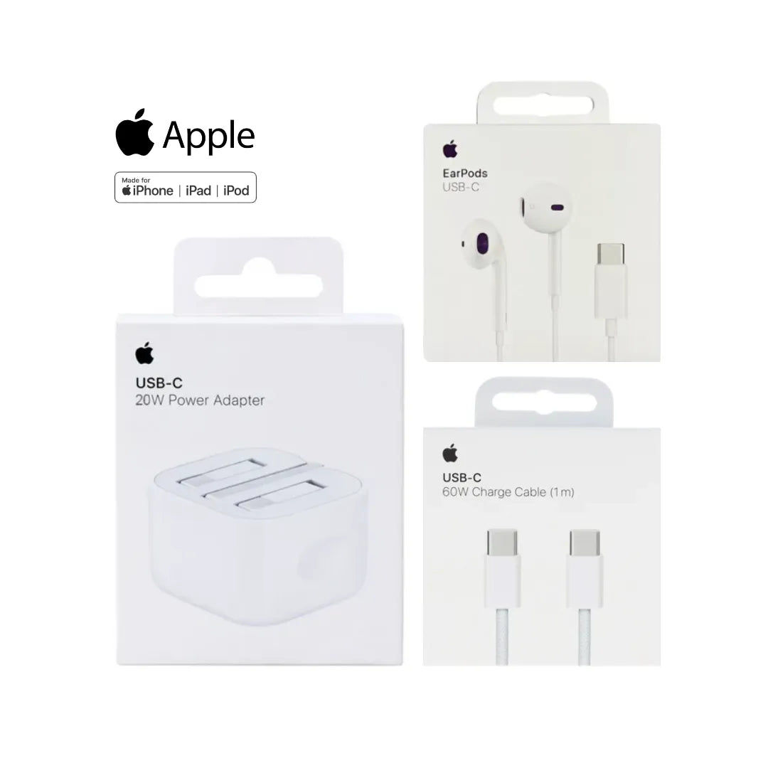 Apple 20W Power Adapter A2344 + Apple 60W Usb-C To C Charge Cable A2795 + Usb-C Earpods A3046 (Multi Value Combo Pack) ( 20W + C-C + Chf )