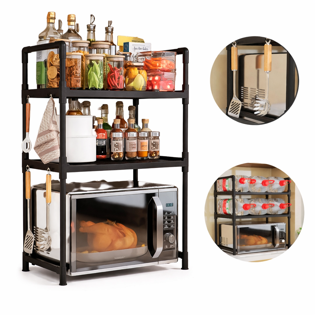 3-Tier Kitchen Storage Rack with Hooks – Microwave & Spice Organizer